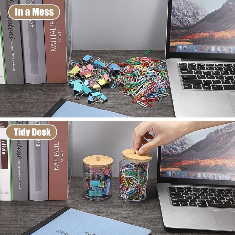 BTSKY 2 Pack Clear Paper Clip Holder with Bamboo Lid Plastic Paperclip Box Useful Office Supply Accessory Organizer Round Small Storage Holder Cute Qtip Holder for Office Bathroom Vanity - Image 3